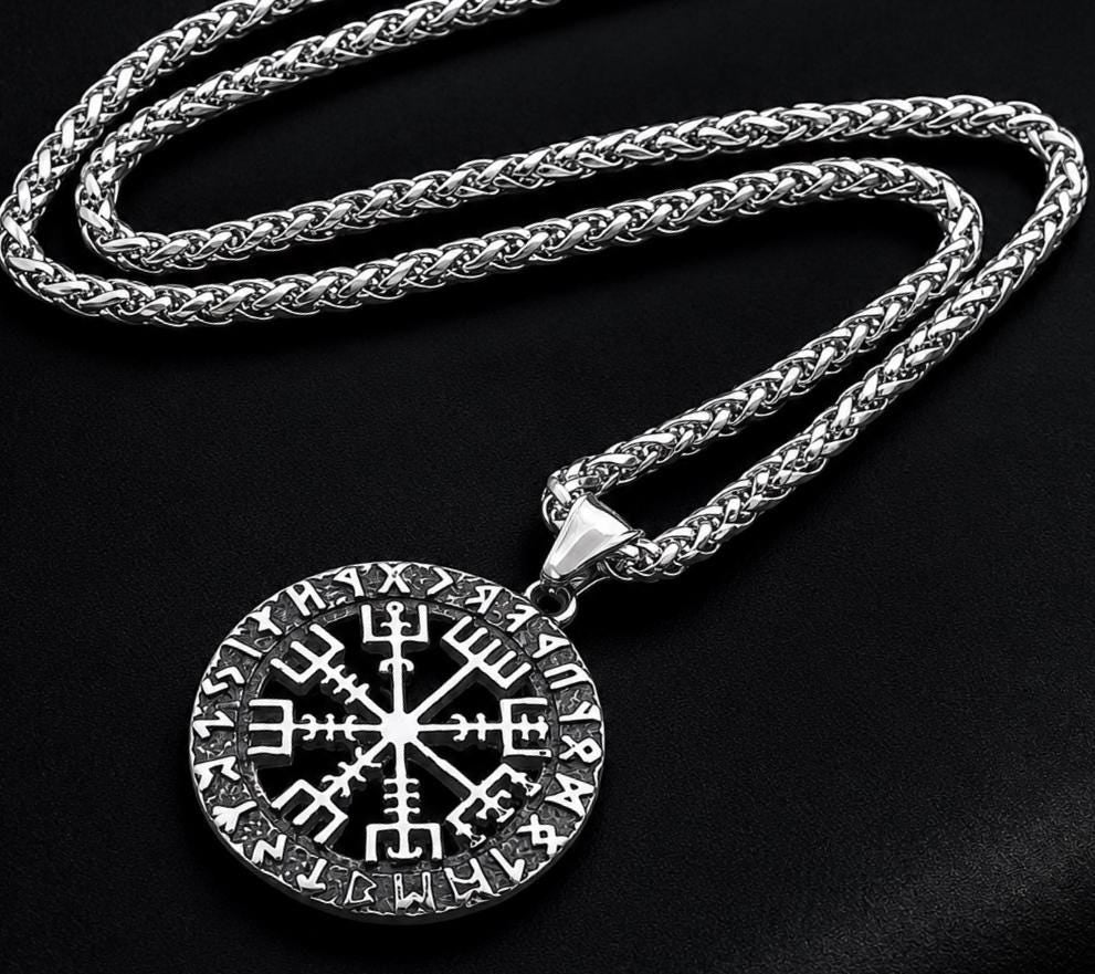 Stainless Steel Braided Chain 4 mm with Vegvísir Compass Pendant – Silver | Women & Men – 5