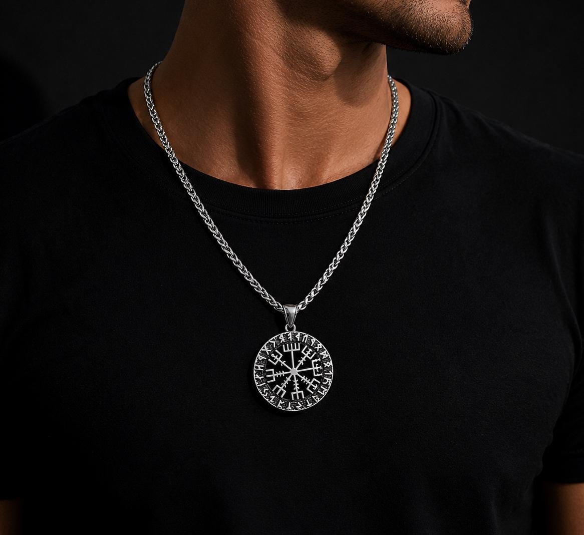 Stainless Steel Braided Chain 4 mm with Vegvísir Compass Pendant – Silver | Women & Men – 2