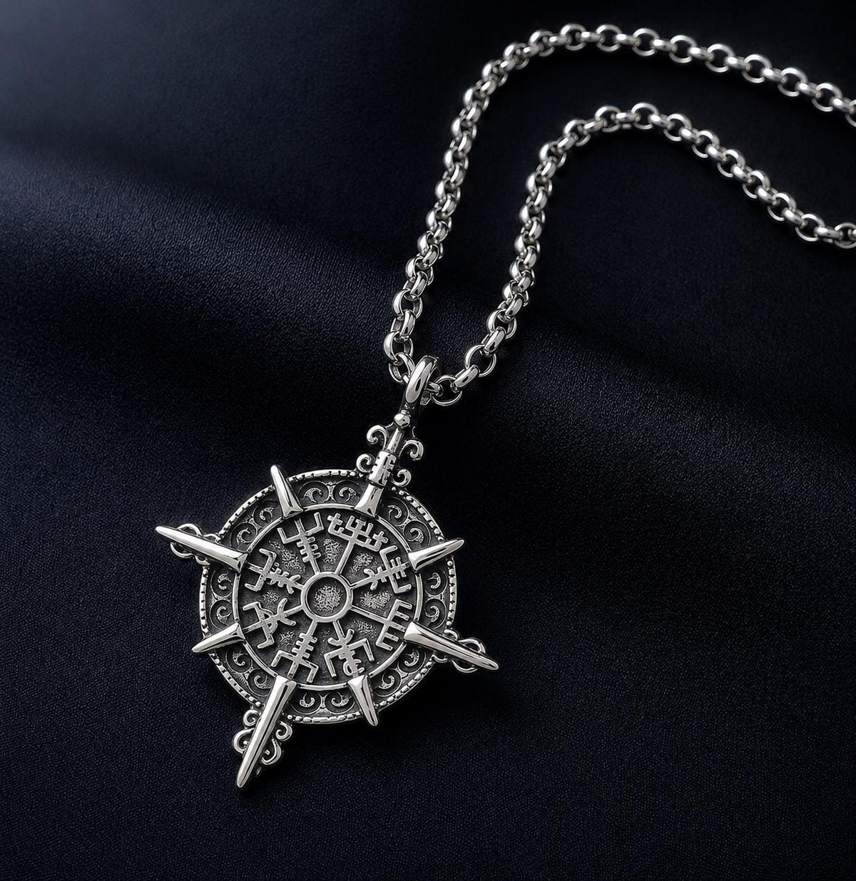 Stainless Steel Rolo Necklace 3 mm with Vegvísir Viking Compass Pendant – Silver | Women & Men – 6