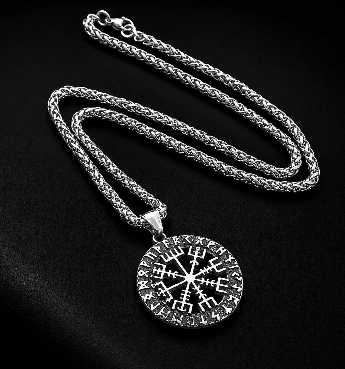 Stainless Steel Braided Chain 4 mm with Vegvísir Compass Pendant – Silver | Women & Men – 3