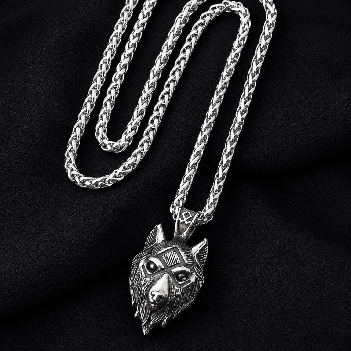 Stainless Steel Braided Chain 4 mm with Viking Wolf Pendant – Silver | Women & Men – 3