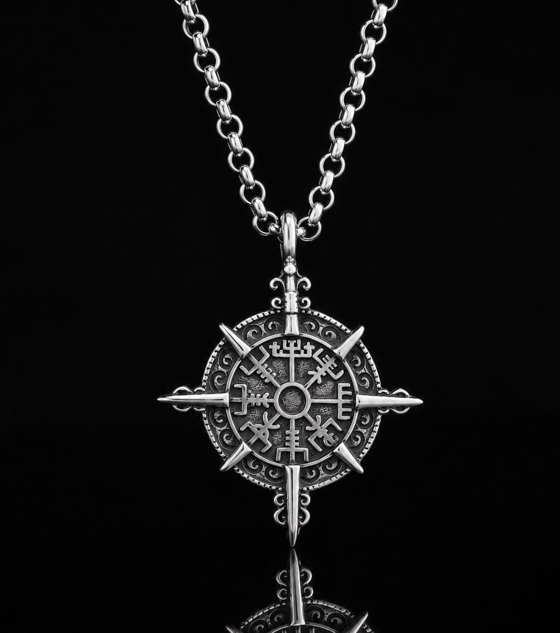 Stainless Steel Rolo Necklace 3 mm with Vegvísir Viking Compass Pendant – Silver | Women & Men – 3