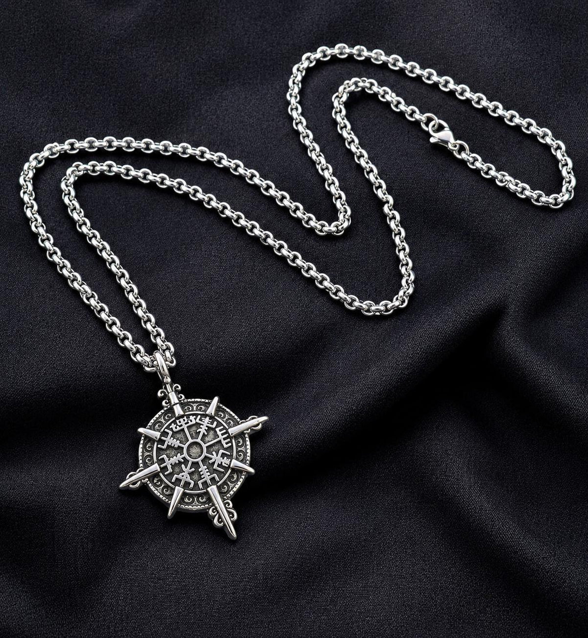Stainless Steel Rolo Necklace 3 mm with Vegvísir Viking Compass Pendant – Silver | Women & Men – 5