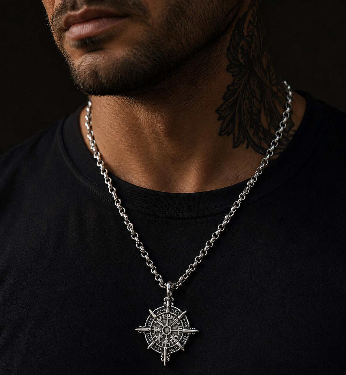 Stainless Steel Rolo Necklace 3 mm with Vegvísir Viking Compass Pendant – Silver | Women & Men – 2