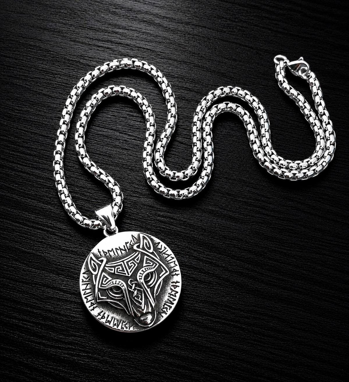 Stainless Steel Box Chain 4 mm with Viking Wolf Pendant – Silver | Women & Men – 4