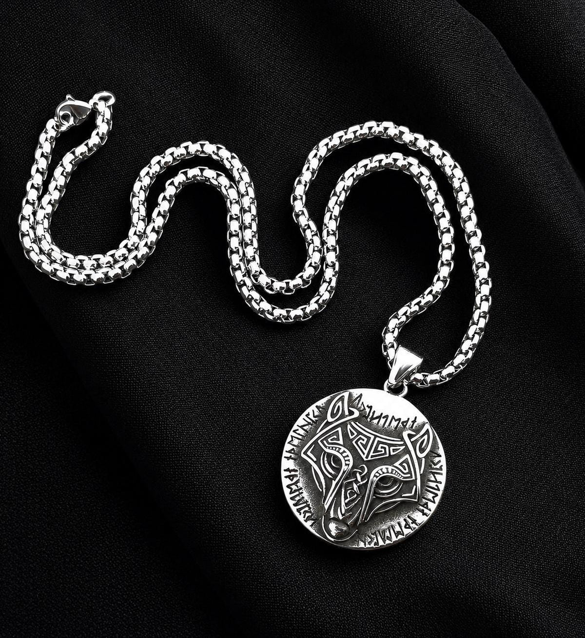 Stainless Steel Box Chain 4 mm with Viking Wolf Pendant – Silver | Women & Men – 7