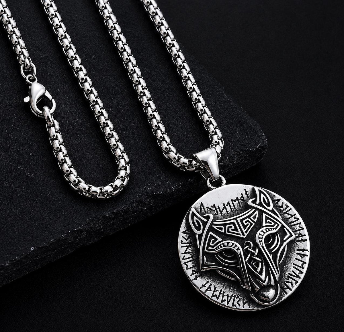 Stainless Steel Box Chain 4 mm with Viking Wolf Pendant – Silver | Women & Men – 2